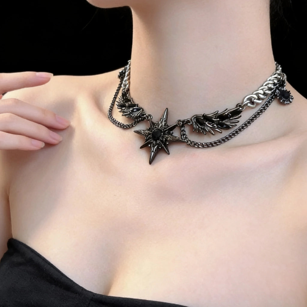 Collana Y2K Black Wings Starlight, stile punk, subcultura, collana da ragazza sexy, gotica dark, catena per clavicola