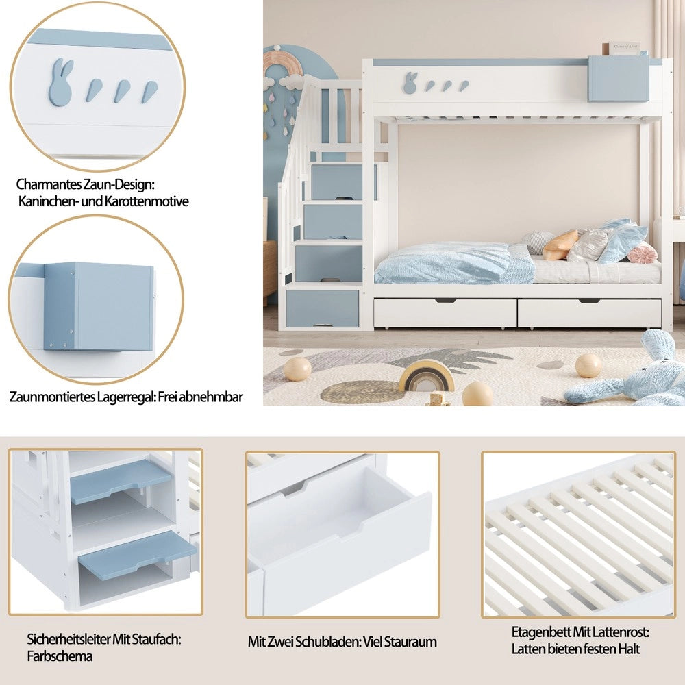 Letto a Castello Bambini con Cassetti e Doghe ¨C MINIMAL ¨C Bianco e Blu 90x200