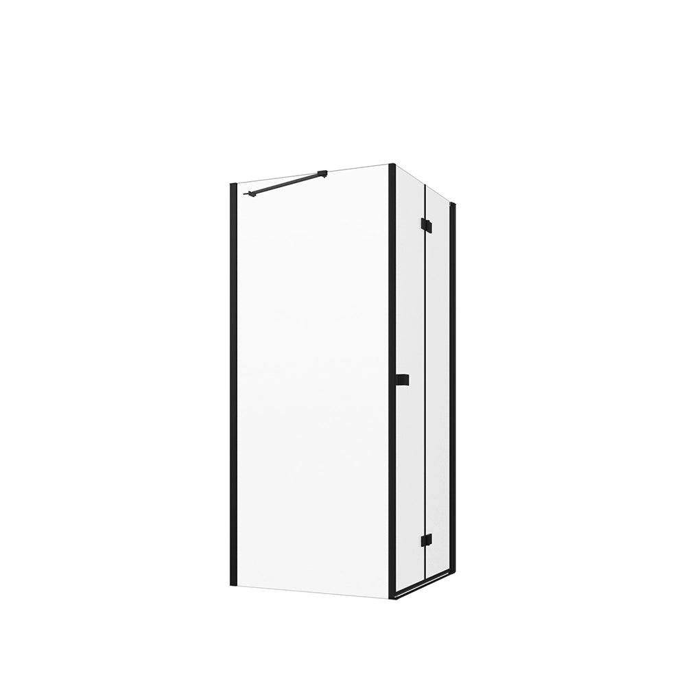 Box doccia 70x80 cm con apertura a libro lato destro e parete fissa, profili nero opaco e vetro 8mm trasparente h195 | Fiji