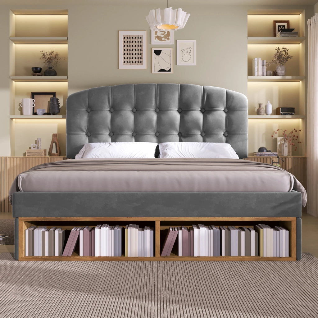 Letto imbottito 140x200 con cassetti grigio