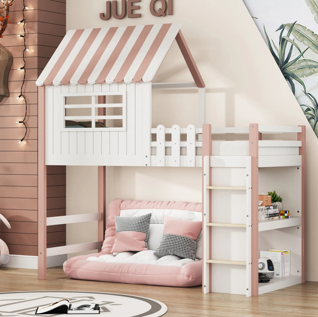 Letto per bambini 90x200 cm in legno massiccio con soppalco e scala di sicurezza rosa