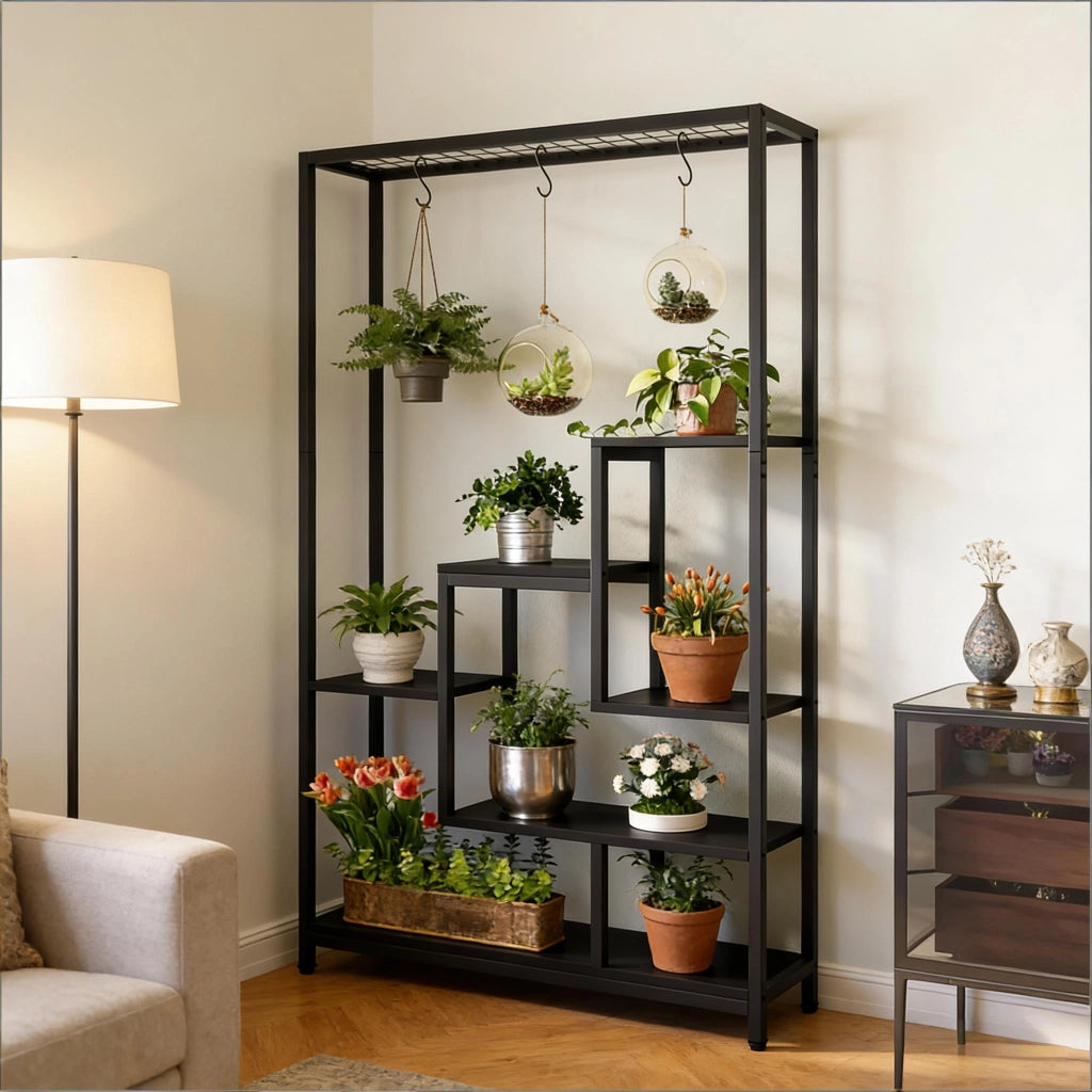 PORTAFIORI a scala 7 ripiani Nero Metallo e legno