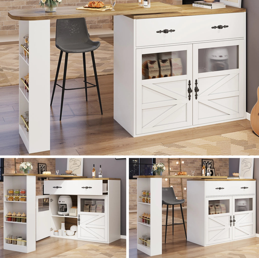 Tavolo bar allungabile girevole 360° con spazio contenitivo, 138-204 x 39 x 104 cm, bianco