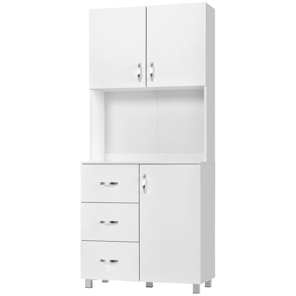 Credenza da Cucina e Soggiorno, Credenza Moderna in Legno Bianco, 2 Armadietti, Mensole Regolabili, 1 Ripiano Aperto e 3 Cassetti, 80x39.5x183.5cm