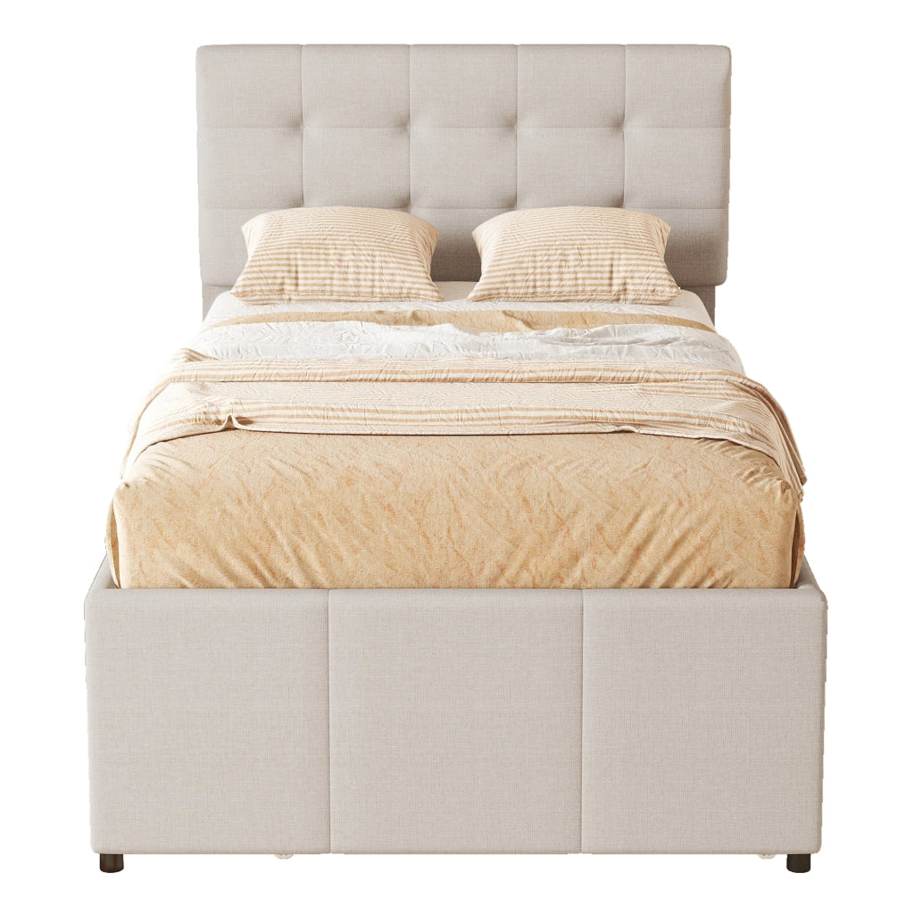 Letto Imbottito Estraibile con Testiera Regolabile e Cassetti ¨C MINIMAL ¨C Beige 90x200