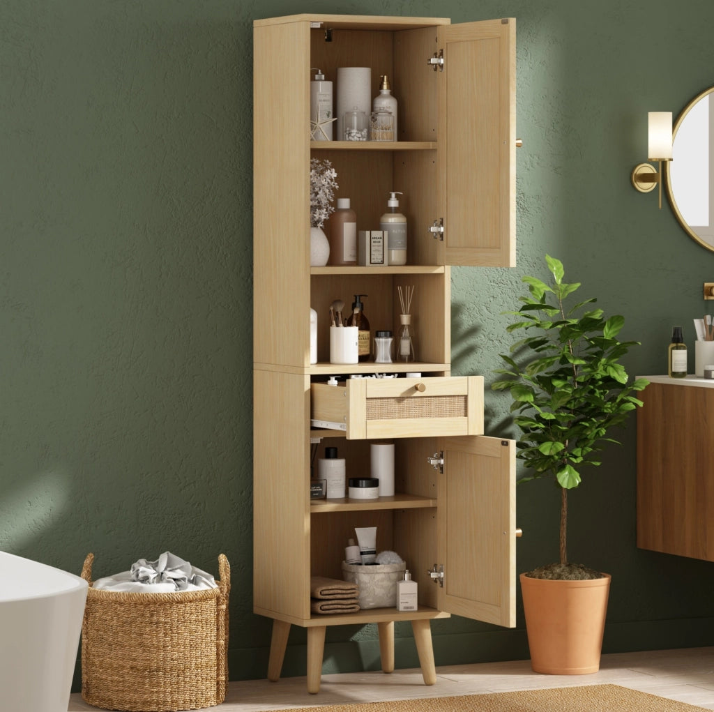 Mobile alto bagno freestanding 40 x 30 x 166 cm con ante in rattan reversibili e cassetto; legno naturale
