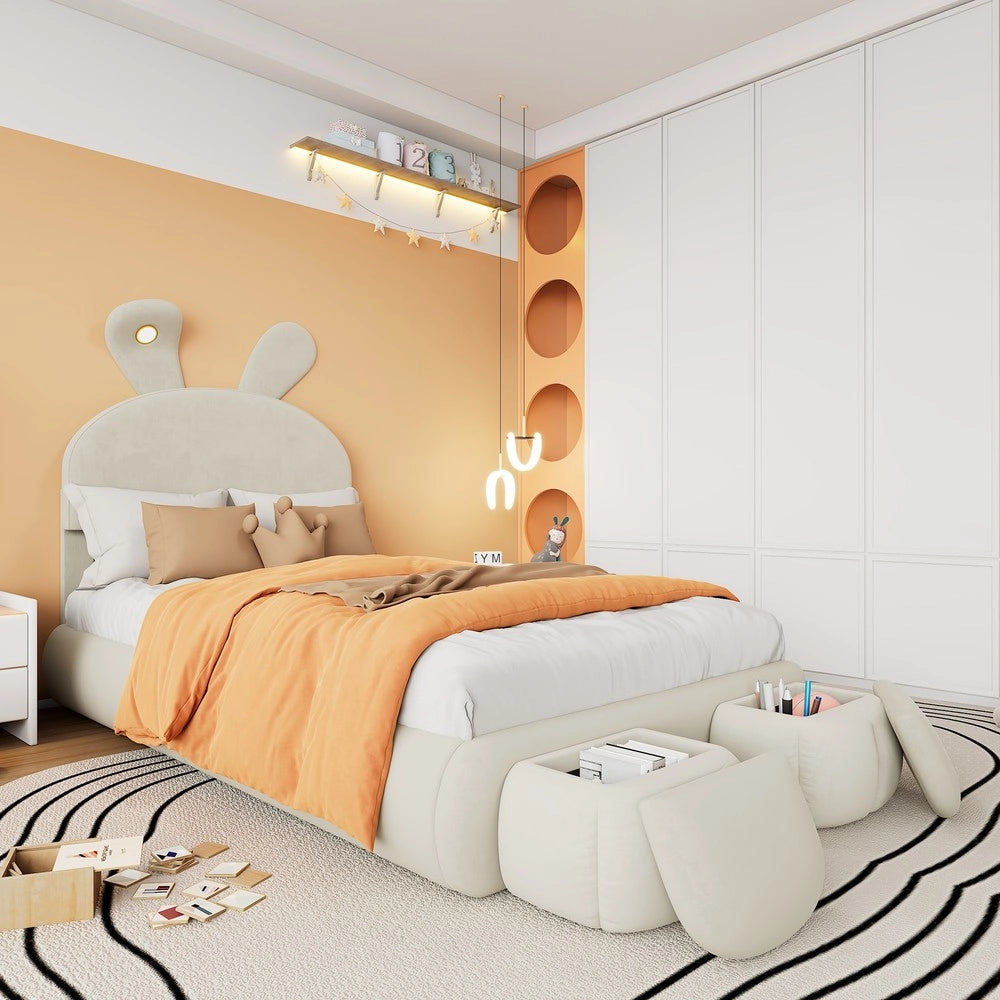 Letto Singolo Imbottito con Contenitore e LED ¨C MINIMAL ¨C Velluto Beige 90x200
