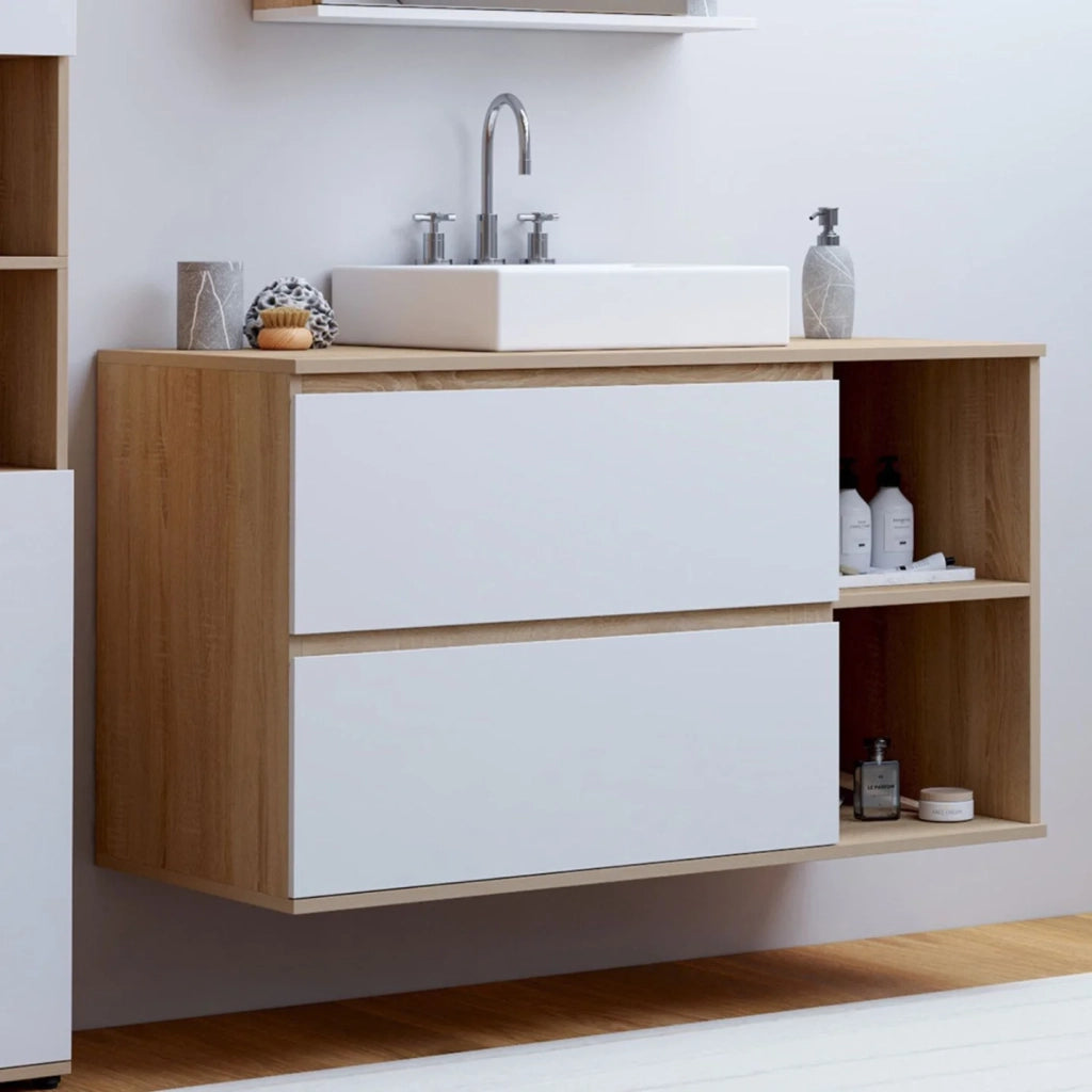 IDMarket - Mobile bagno sospeso TOMI con 2 cassetti e 2 nicchie, finitura faggio e bianco