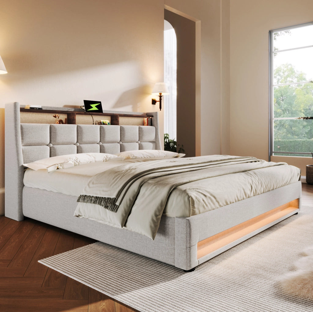 Letto imbottito 140x200 cm beige con LED, USB e contenitore