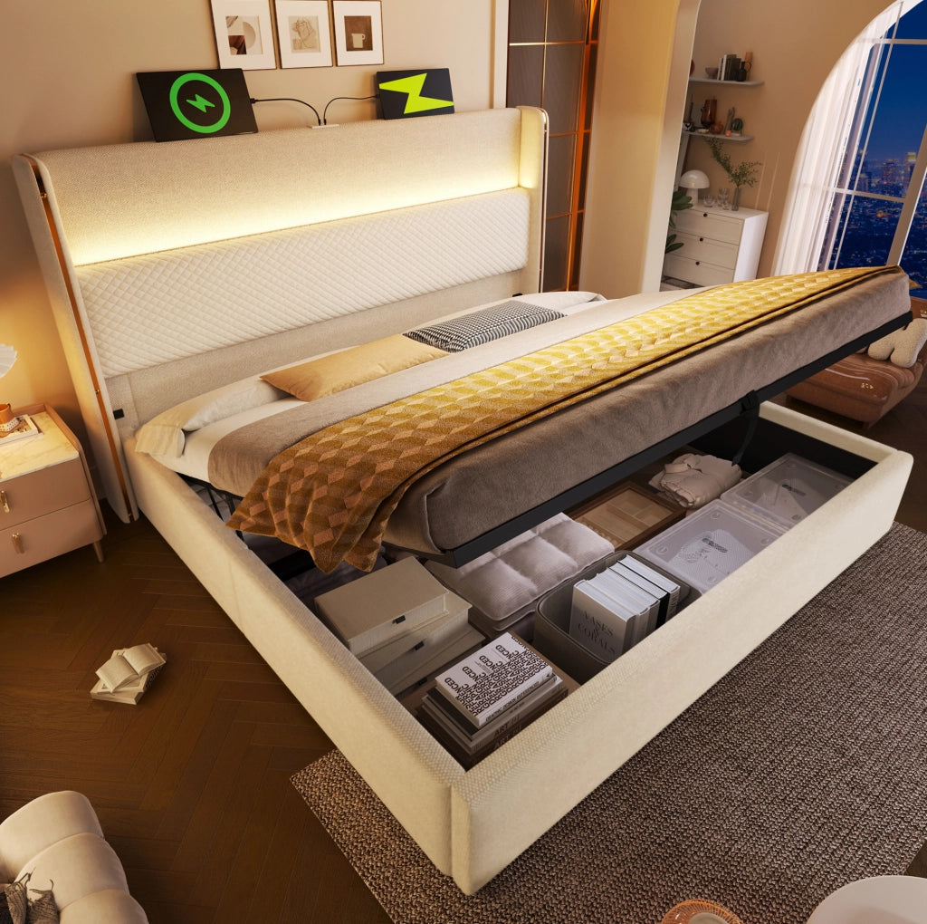 Letto matrimoniale 180x200 cm con LED, USB-C e contenitore beige