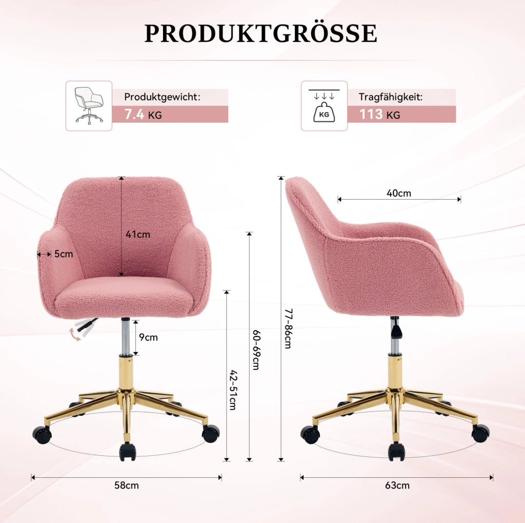 Sedia da ufficio rosa in tessuto Teddy – girevole 360°, altezza regolabile