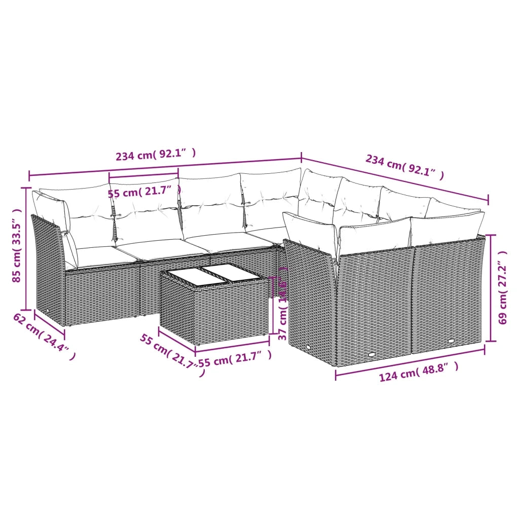Set Divano da Giardino 9pz con Cuscini Grigio Chiaro Polyrattan