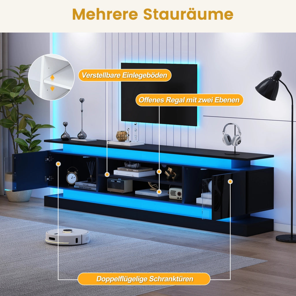 Mobile TV 180 × 35 × 60 cm con 2 ante push to open e LED RGB Bluetooth in MDF nero lucido