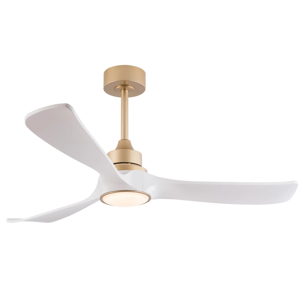 Ventilatore da soffitto con luce da 52 pollici bianco e oro con 3 pale ABS; motore DC reversibile e telecomando