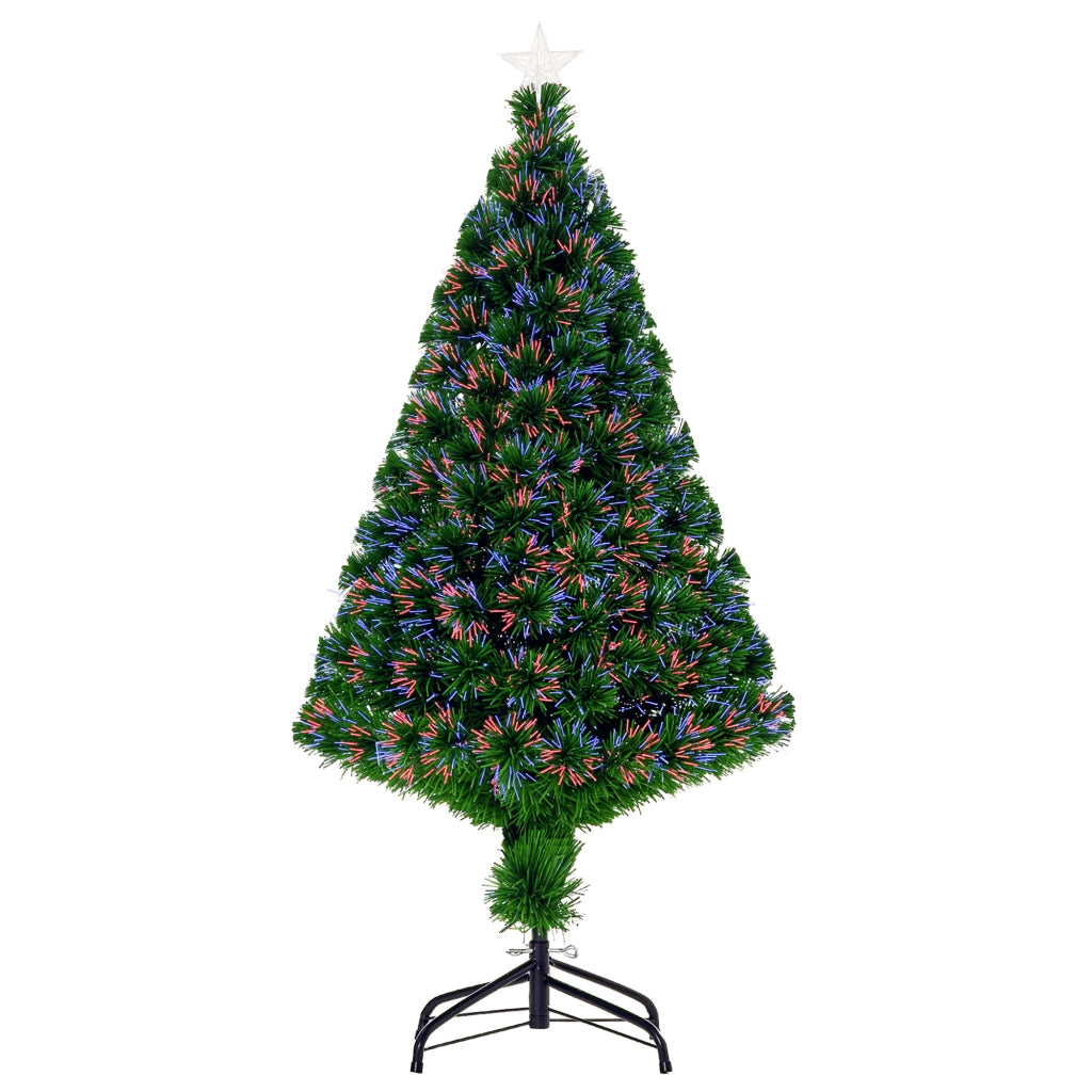 Albero di Natale Artificiale Luminoso Verde con Fibra Ottica Multicolore, 120 cm, 130 Rami, Stella Brillante, Supporto Incluso, per Casa