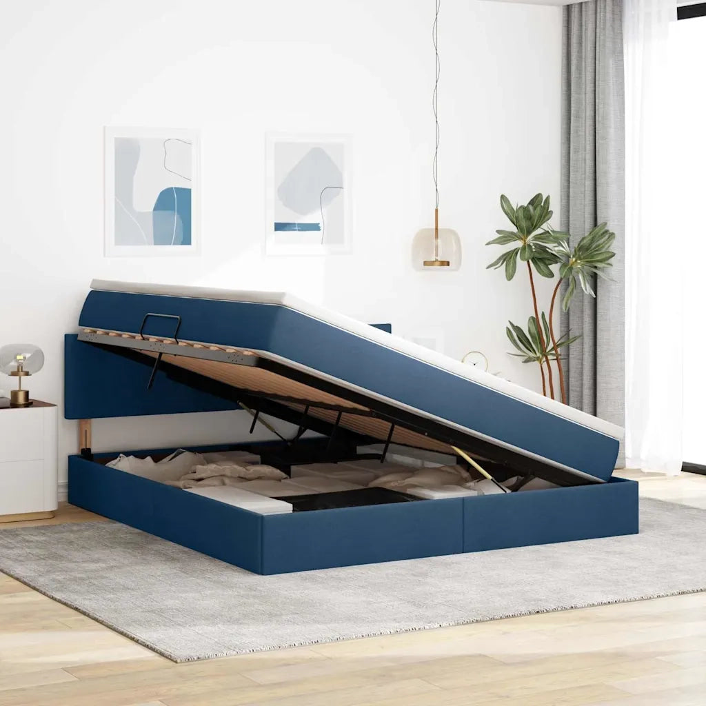 Letto con contenitore e materasso con testiera Blu 160 x 200 cm
