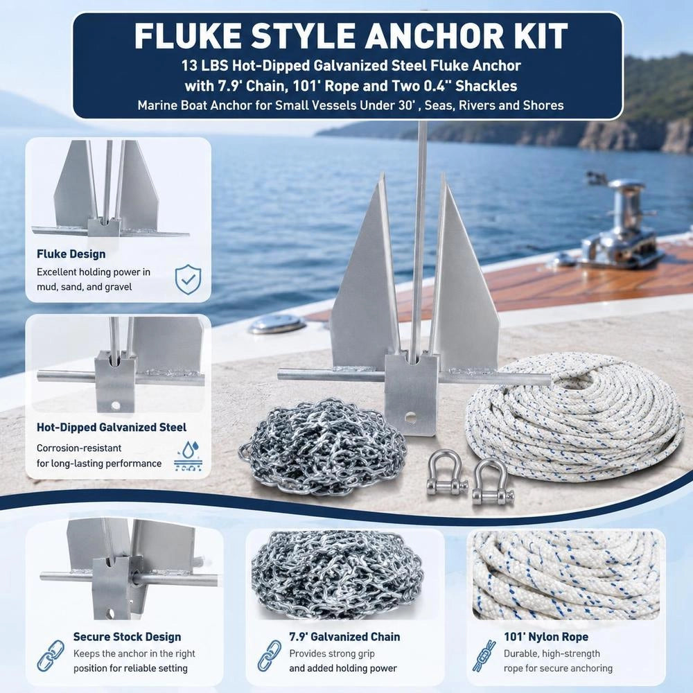 Fluke Anchor Set: Hot-dip Galvanized Steel Fluke Anchor With 2.4 M Chain, 30.8 M Rope And Two 11 Mm Shackles, Boat Anchor For Small Vessels Under 9.14 M, Seas, Rivers And Coasts, 6 Kg
