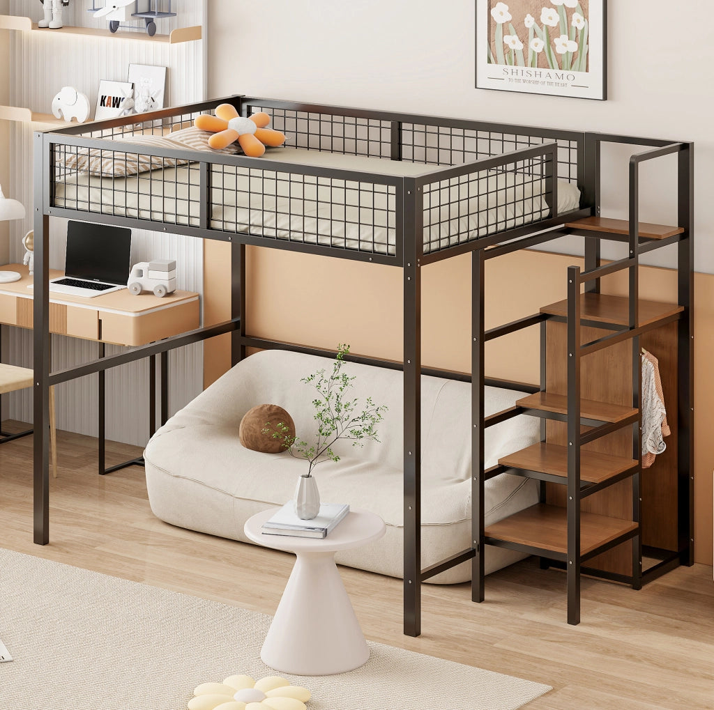 Letto a soppalco 140x200 cm nero con armadio e scala