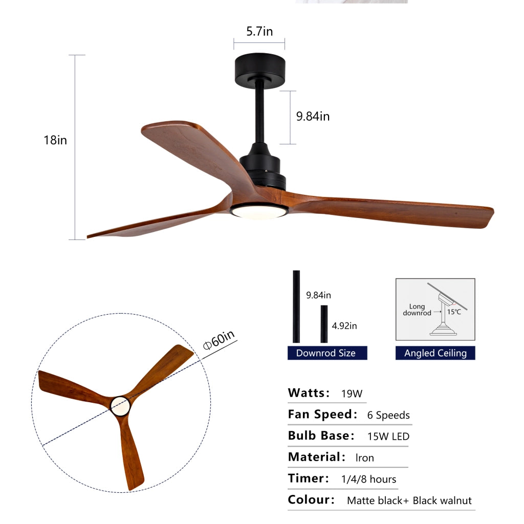 Ventilatore da soffitto con luce LED e telecomando; metallo e legno noce e nero