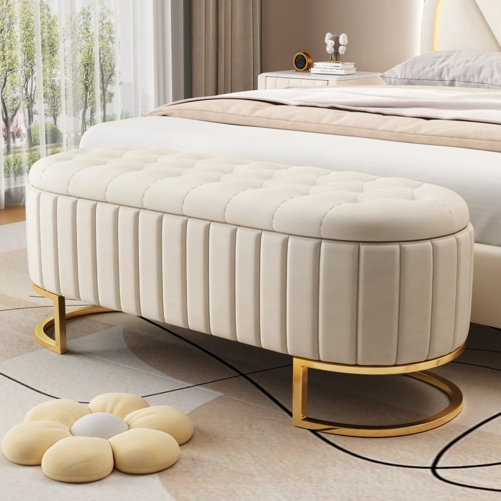 Panca imbottita con vano contenitore 120 x 39;9 x 43 cm in velluto beige