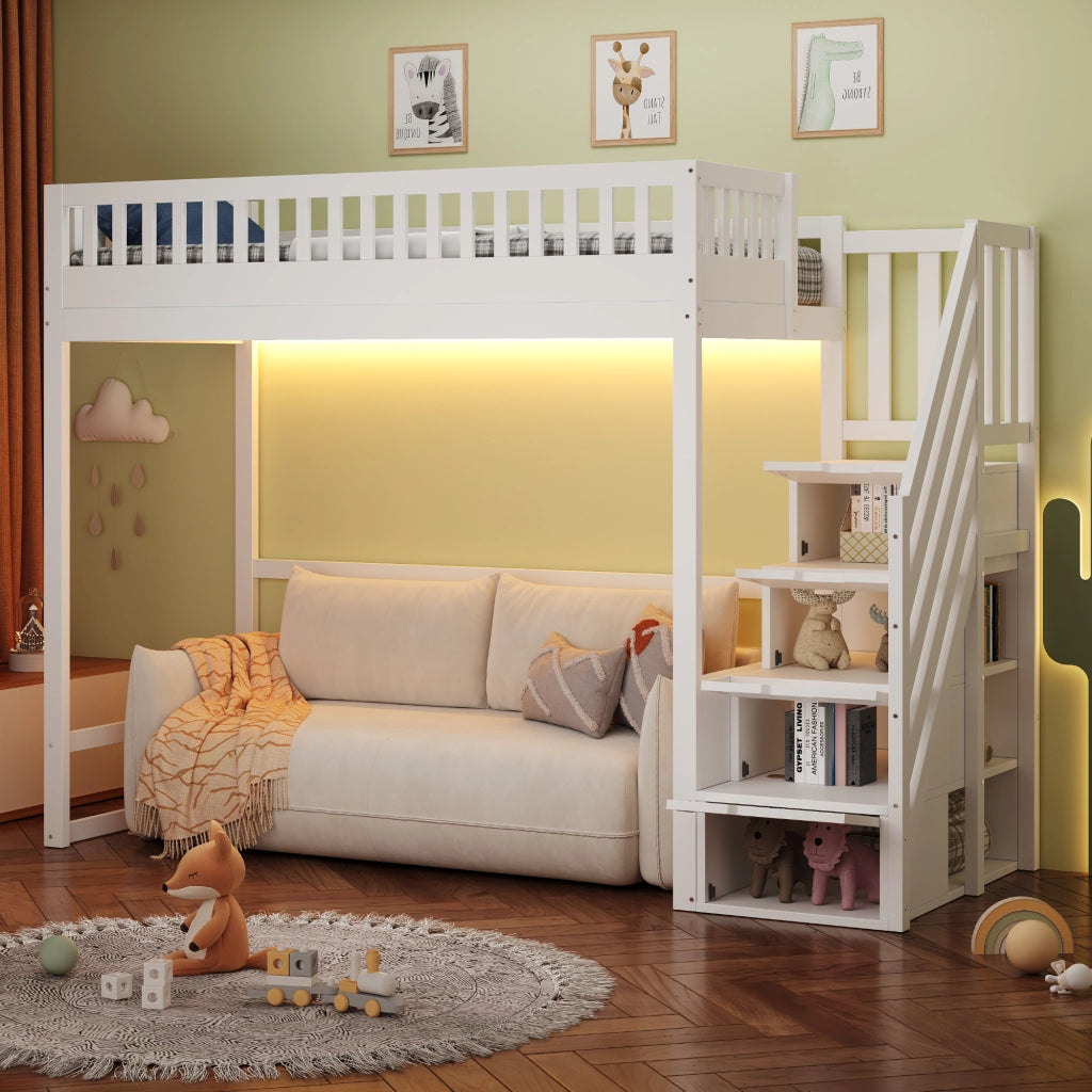 Letto a soppalco 90x200 cm in legno con scala contenitore e LED; bianco