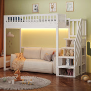 Letto a soppalco 90x200 cm in legno con scala contenitore e LED; bianco