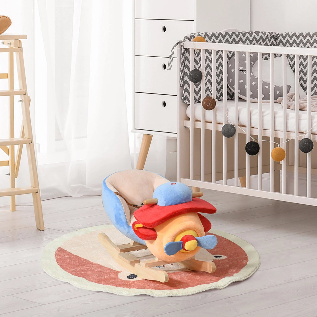 EasyComfort Cavallo a Dondolo a Forma di Aeroplano per Bambini di Età Superiore a 18 Mesi, Cacalluccio a Dondolo con Musica Incorporata in Legno Alamo, Max:60kg 60x33x45cm