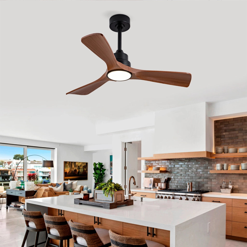 Ventilatore da soffitto con luce LED e motore DC reversibile; in ABS nero e noce scuro
