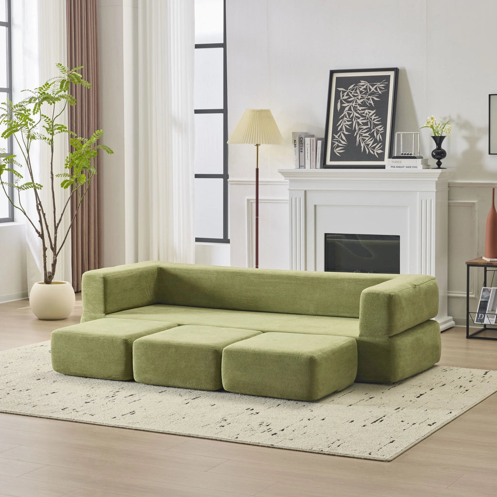 Divano letto modulare da pavimento in ciniglia verde con schiuma ad alta elasticità sfoderabile e lavabile