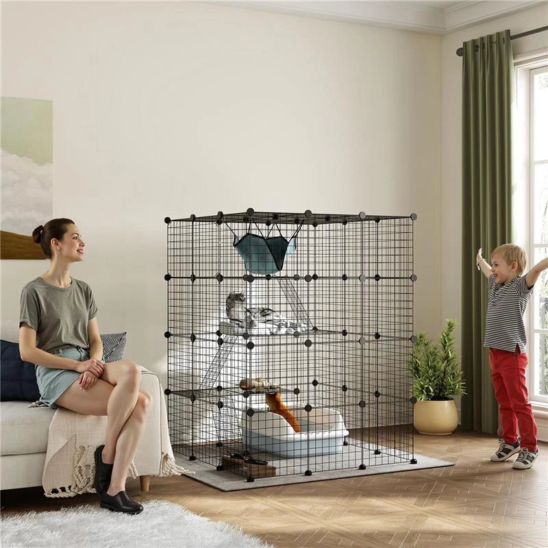 GABBIA PER GATTI MODULABILE A 4 LIVELLI CON PIATTAFORME RAMPE E 5 PORTE IN ACCIAIO E PP 105X105X140 CM NERO