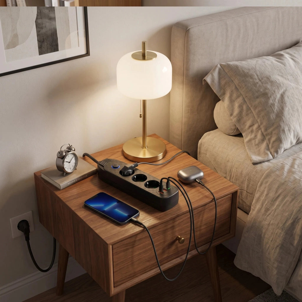 Multipresa Con Prolunga, 3 Prese + 2 Porte Usb-a + Usb-c Jnh024-3b Black