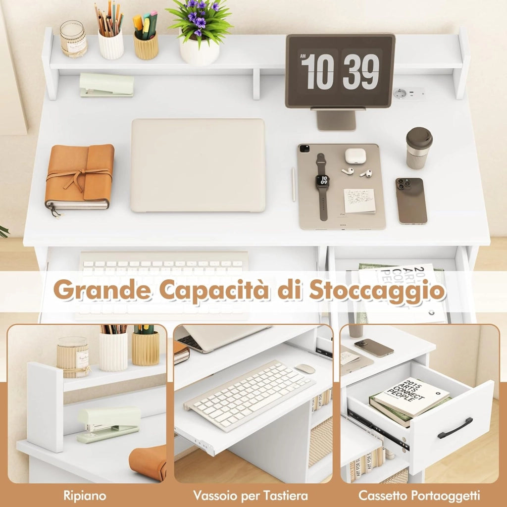 Scrivania per Computer con 2 Prese di Corrente e Prese USB, Scrivania Ufficio con Cassetto e Ripiano Estraibile per Tastiera, Scrivania Gaming con Ripiano Regolabile, 105 x 55 x 89 cm, Bianco