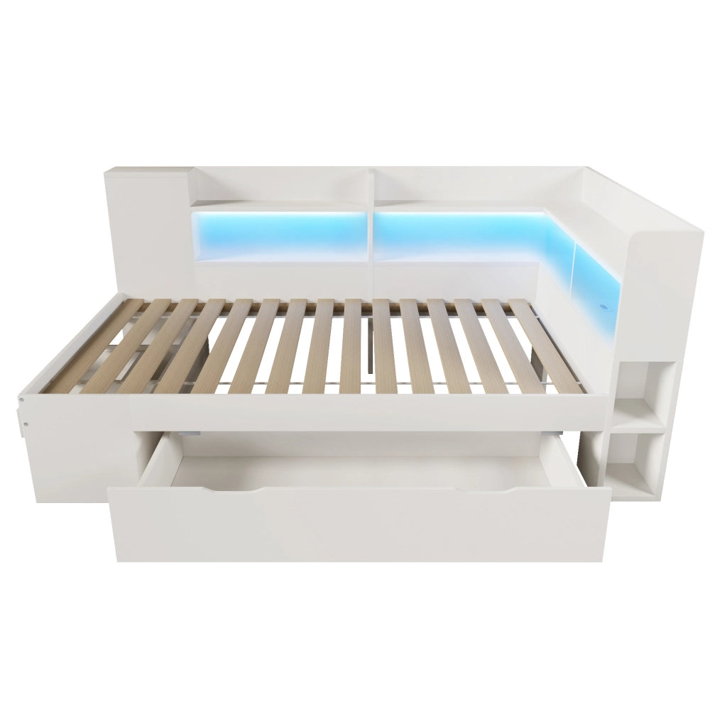 Letto singolo 90x200 cm bianco con LED, USB/Type-C, cassetti e ripiani