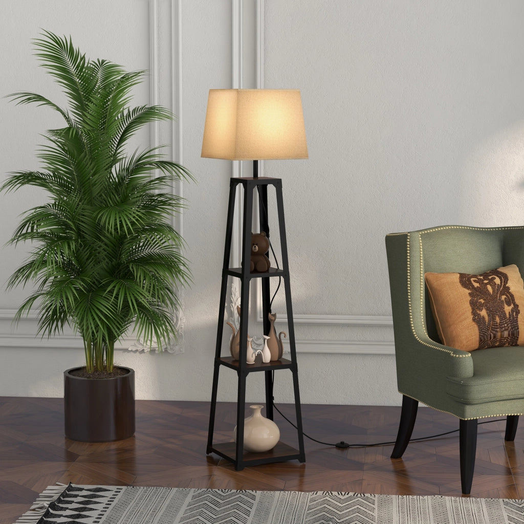 Lampada da Terra a 3 Ripiani ¨C zephmum ¨C Nero e Beige, Metallo e MDF, ?42x166 cm