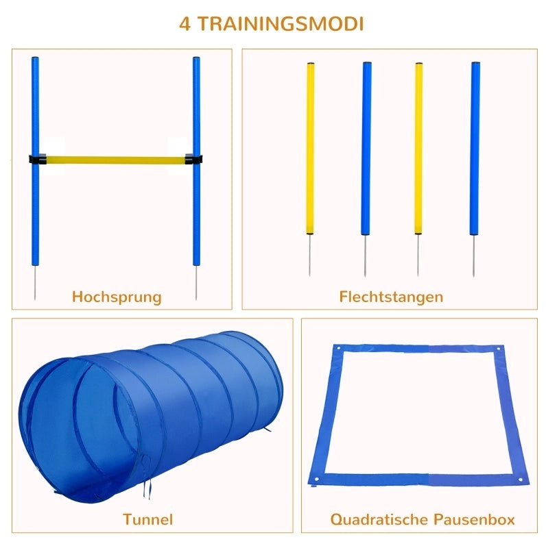 SET AGILITY per cane con tunnel, ostacoli e slalom, giallo, poliestere