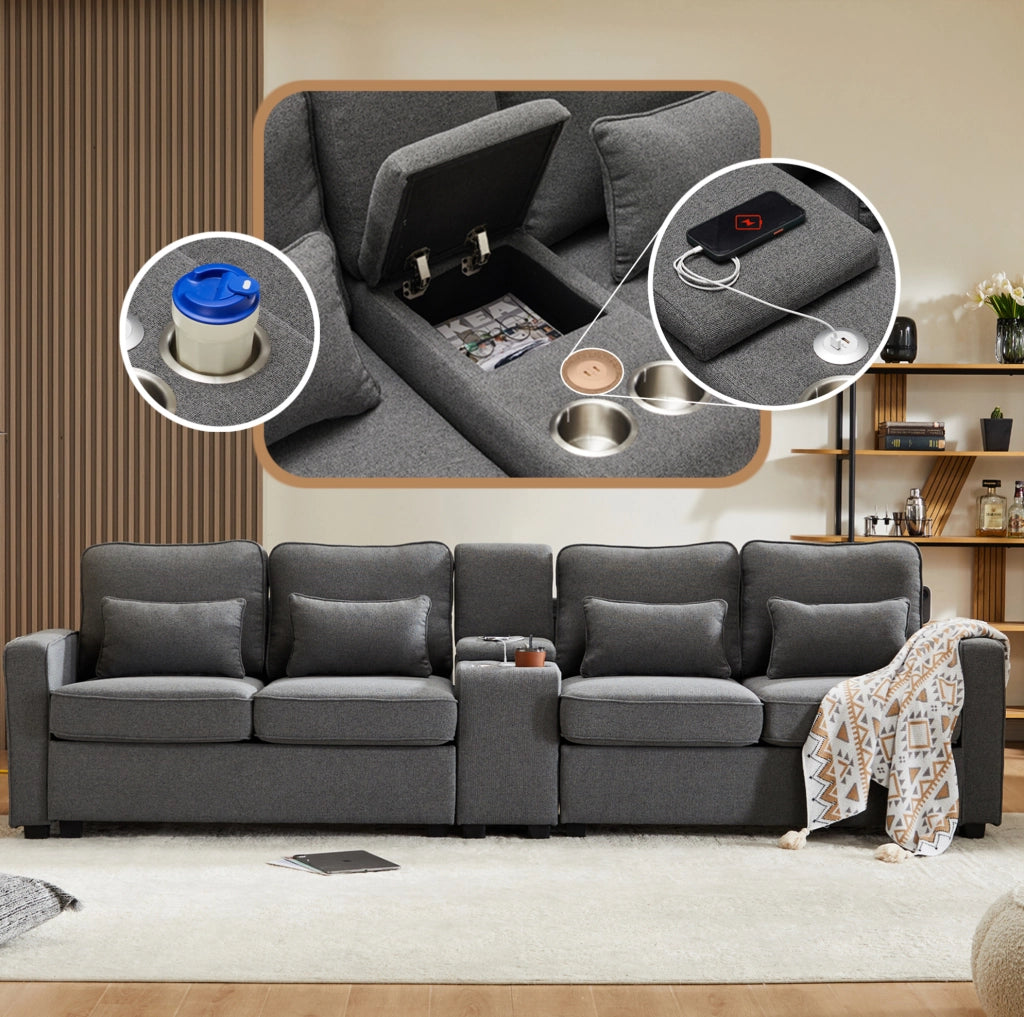 Divano 4 posti con console; 2 portabicchieri e USB; 290 × 83 × 88 cm; effetto lino grigio scuro