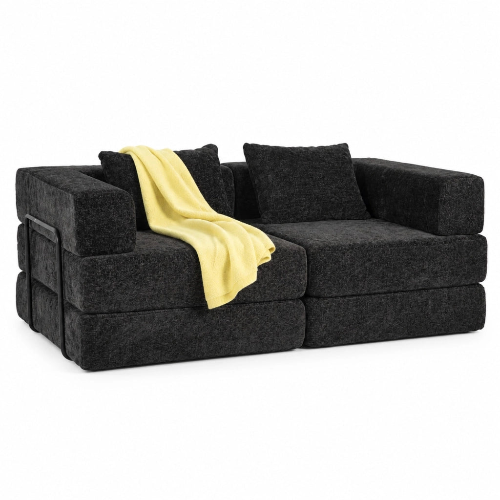 Divano letto convertibile 200x100x63 cm in ciniglia nera salvaspazio