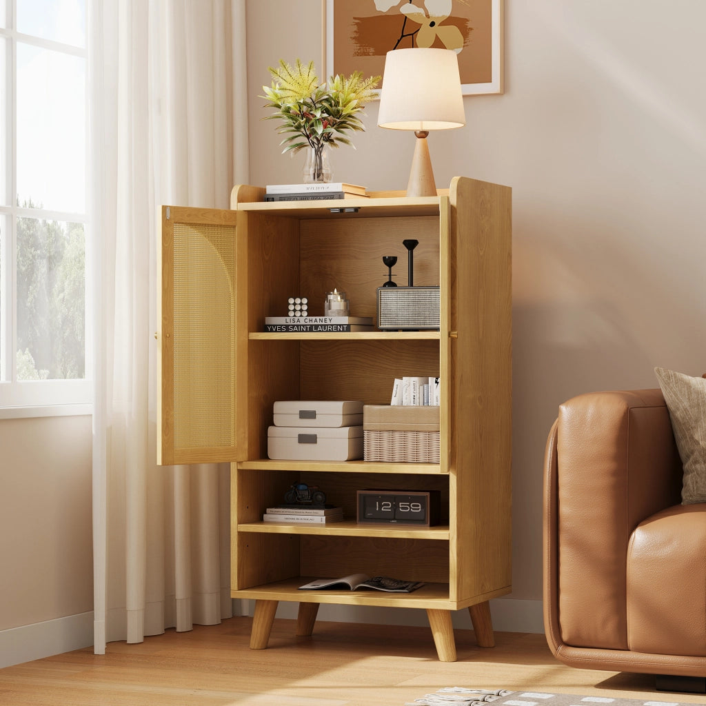 Credenza alta con 2 ante in rattan e 2 vani aperti per soggiorno, cucina o ingresso, truciolato naturale, 60 × 40 × 121 cm