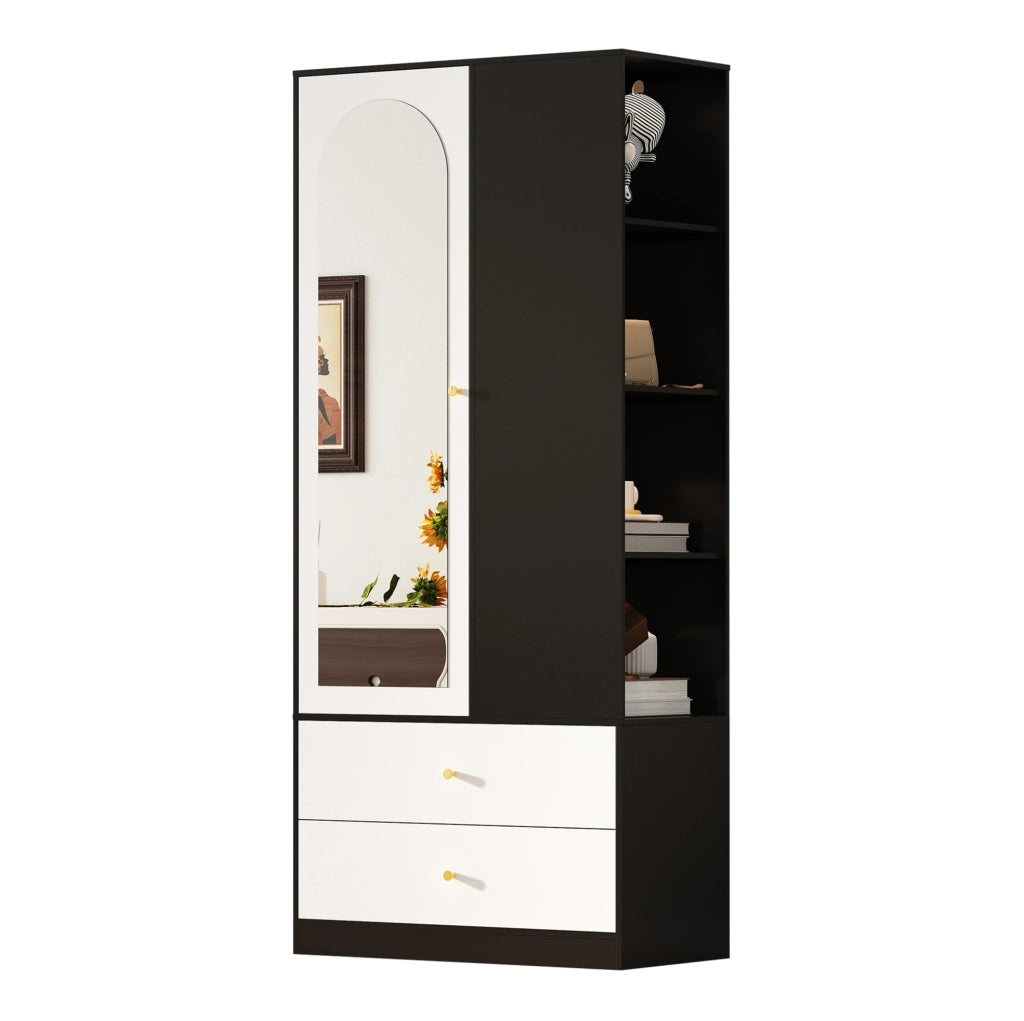 Armadio 1 anta con specchio; 2 cassetti e 4 ripiani; 80 × 40 × 180 cm; bianco e nero