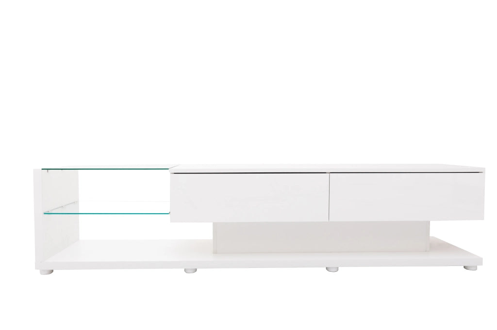 Mobile TV 170x36x38 cm Bianco Lucido con LED Multicolore, 2 Cassetti e 2 Ripiani in Vetro