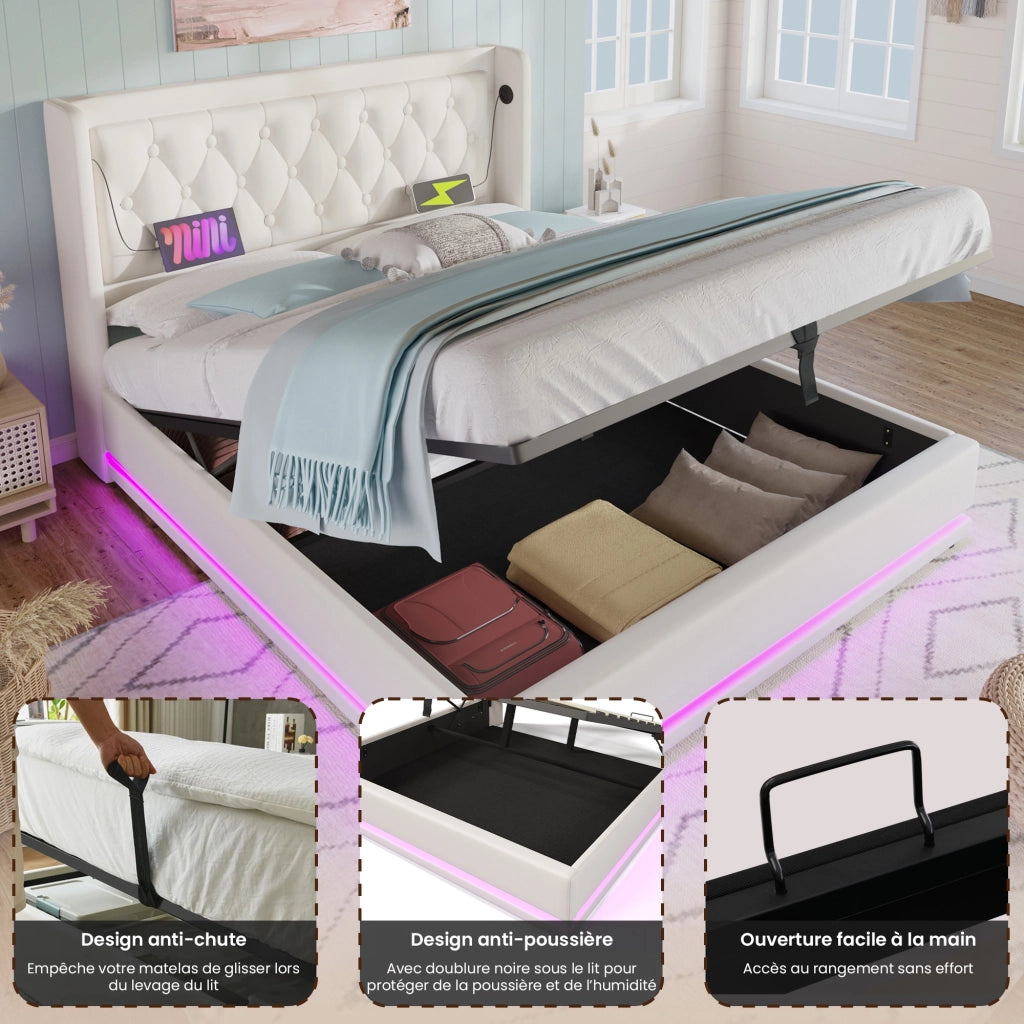 Letto Contenitore 140x200 cm; Matrimoniale - USB; Type-C; LED 3 lati - PU Bianco