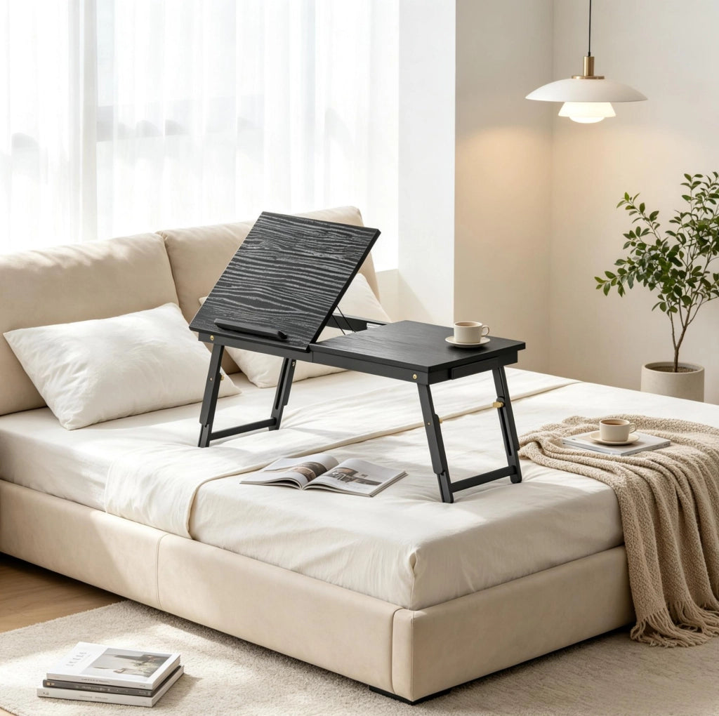 Tavolino portatile per letto regolabile e pieghevole in bambù e MDF nero HOMVRA
