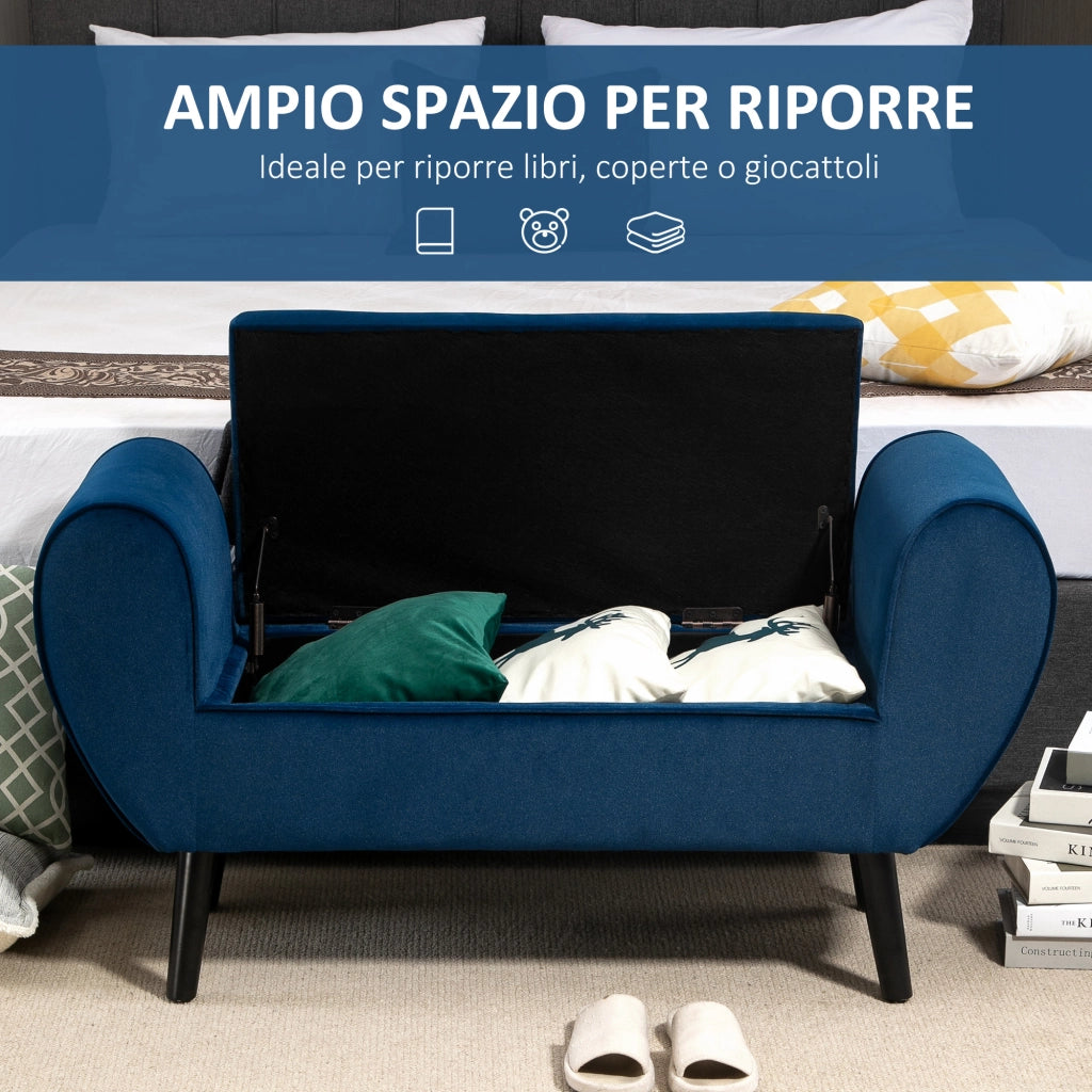 Panca Contenitore Imbottita in Tessuto Vellutato Blu con Braccioli e Gambe in Legno, 118x42x66cm, per Fondo Letto Casa
