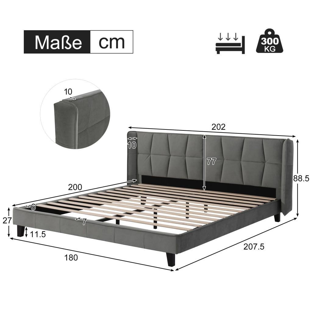 Letto imbottito in velluto grigio con rete a doghe 180 x 200 cm