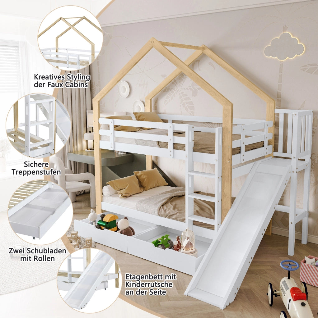 Letto a castello a forma di casa con scivolo, scala angolare a tre gradini, sponde di sicurezza e 2 cassetti, struttura in legno massello, bianco e naturale, 90x200 cm