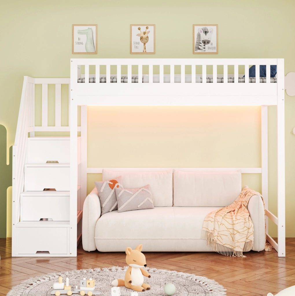 Letto a soppalco 90x200 cm con scala contenitore reversibile e LED bianco
