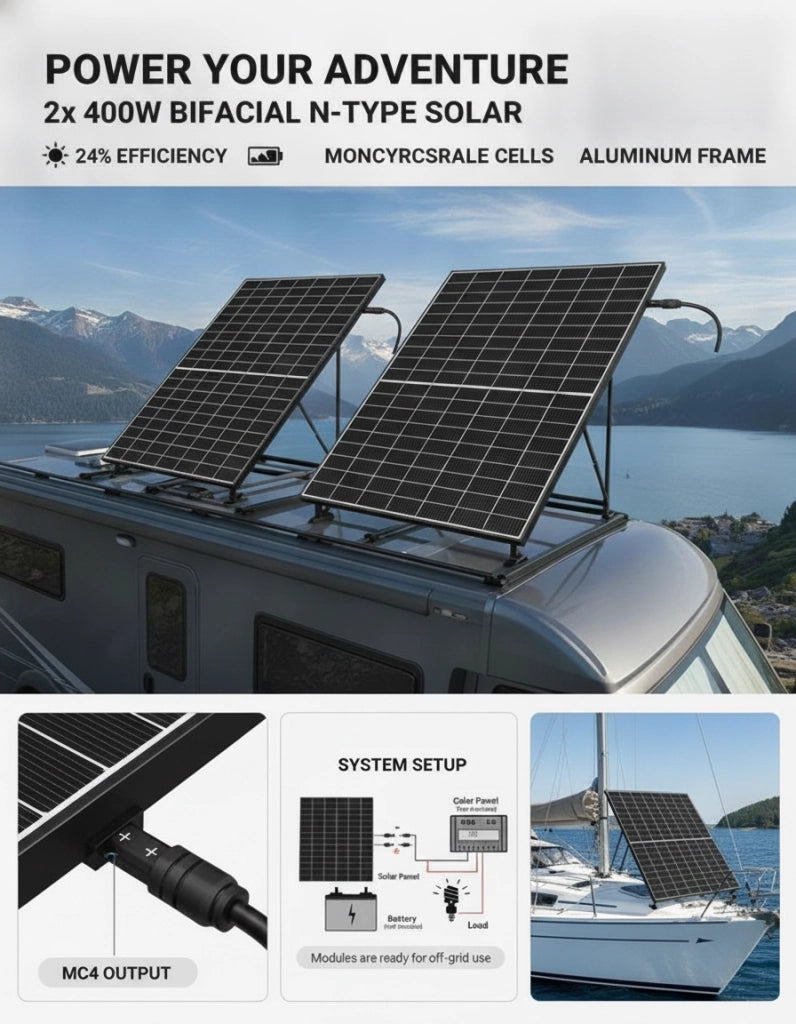 Bifacial Solar Panel, 2 Pieces, 400W, 16BB N-type Monocrystalline PV Module, 24% Efficiency, IP65 Waterproof Solar Panel With MC4 Output & Aluminum Frame For Car, Boat, RV, Off-grid