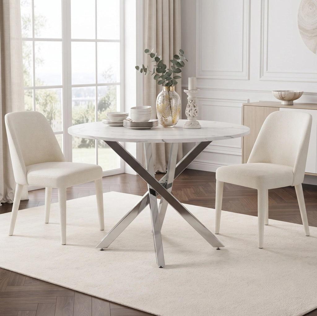 Tavolo rotondo con piano effetto marmo, 80 × 80 cm, bianco e argento
