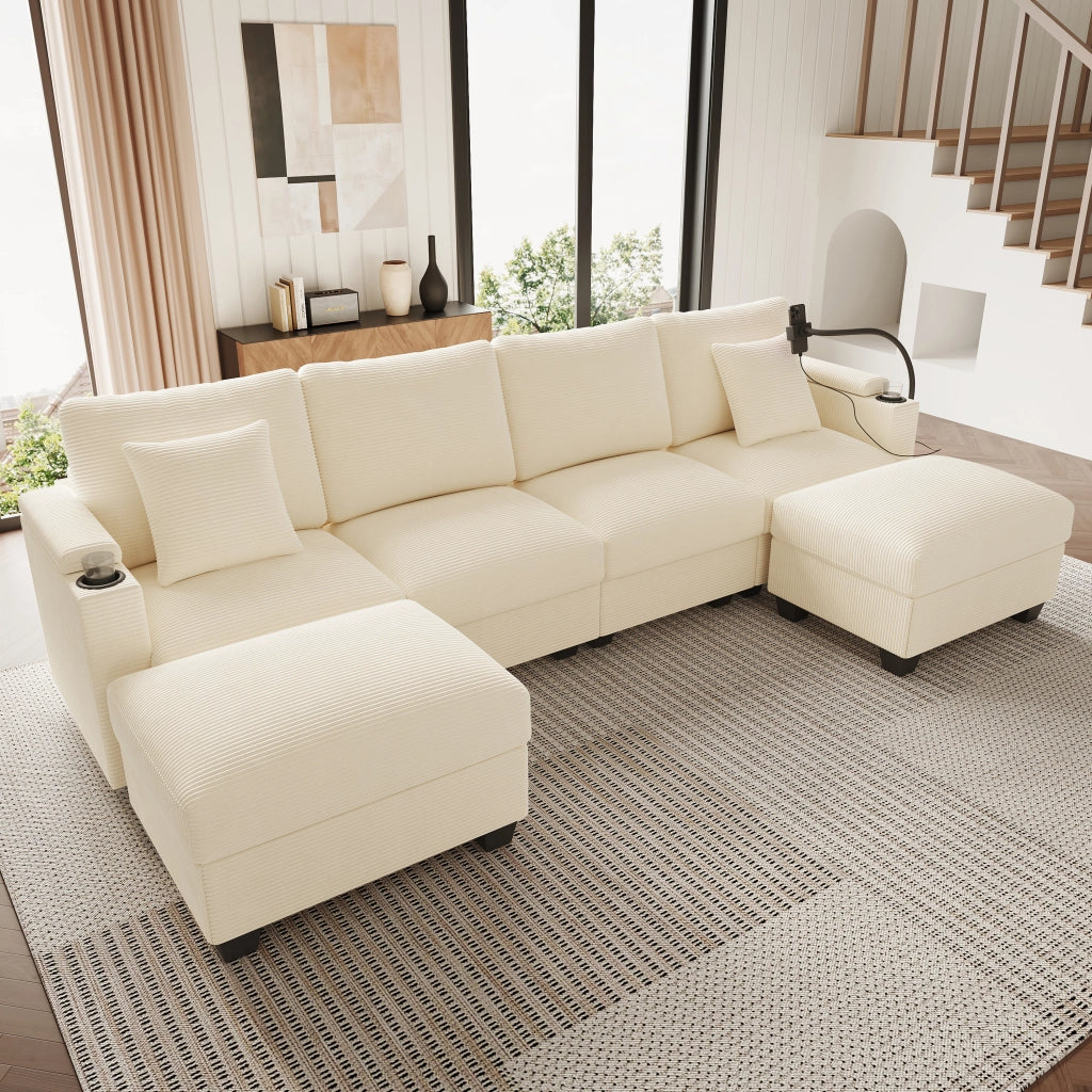 Divano panoramico convertibile 275;5 x 139 x 87 cm; a forma di U; modulare; porta telefono; porta USB; velluto a coste; beige