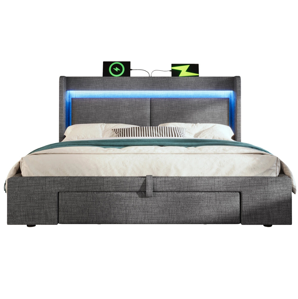 Letto contenitore imbottito 160 × 200 cm con LED; USB e USB-C; lino grigio